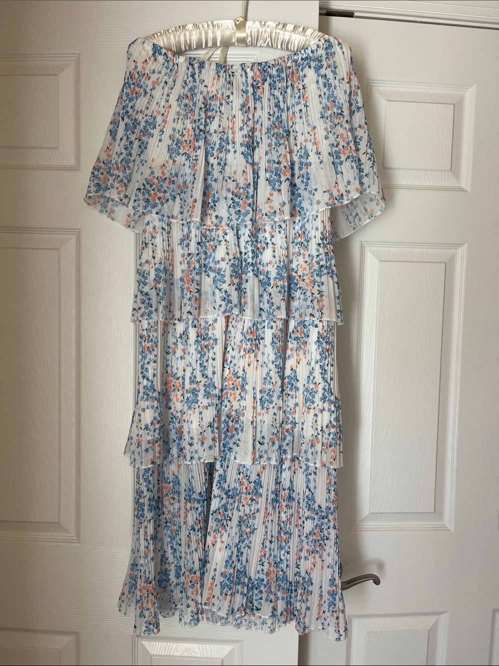 Off-Shoulder Floral Tiered womens Dress in Blue and Peach